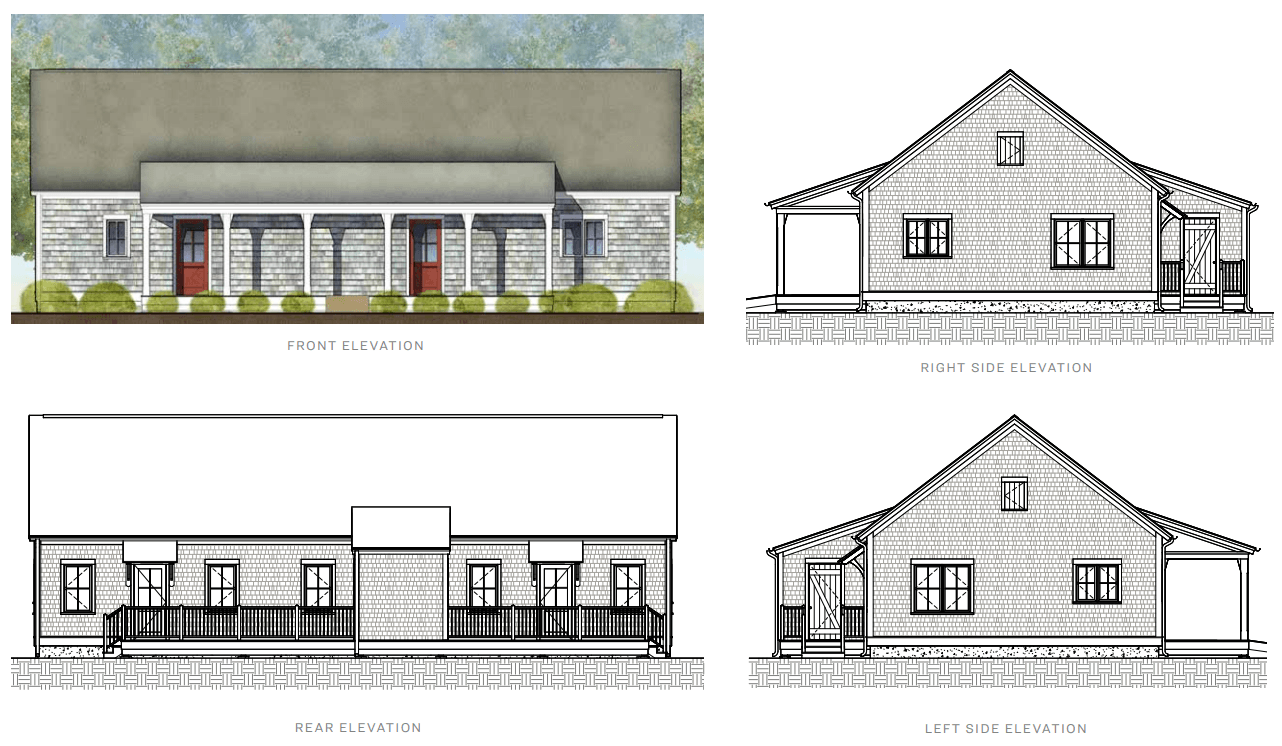 Four different elevation drawings of a house are shown.